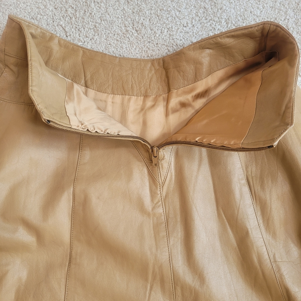 Vintage Women’s Tan Genuine Leather A-Line Skirt With Side Pockets M/L - Picture 6 of 8